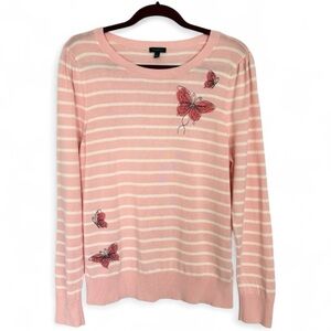 Talbots Embroidered Butterfly Pink Stripe Crewneck Sweater | Size L